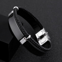 Bracelet pour hommes personnalisé graver logo simple réglable en acier inoxydable barre d'ancrage tressé noir en cuir PU