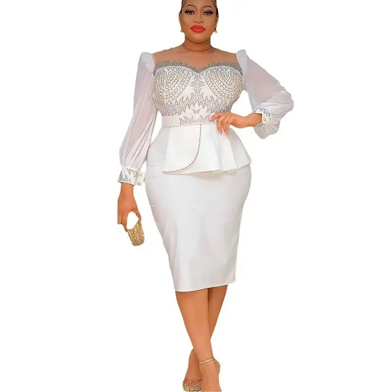 African New Design Party White Dress Luxury Shining Stone Long Sleeve Bodycon Gown Evening Banquet Dresses For Women T027