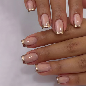 Faux ongles à presser dorés simples avec bordure dorée, prêts à poser, pour manucure DIY et salon de beauté - Product Image 1