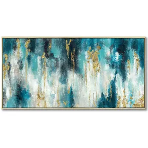 Wall Abstract Art Canvas Metal Framed Large Picture Gold Decor Modern Home Blue Oil Painting