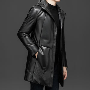 سترة جلدية رجالية للشتاء، تصميم جديد، متوسطة الطول، بغطاء للرأس، من جلد الغنم، محشوة بريش البط الأبيض، معطف واقي من الرياح عالي الجودة - Product Image 4