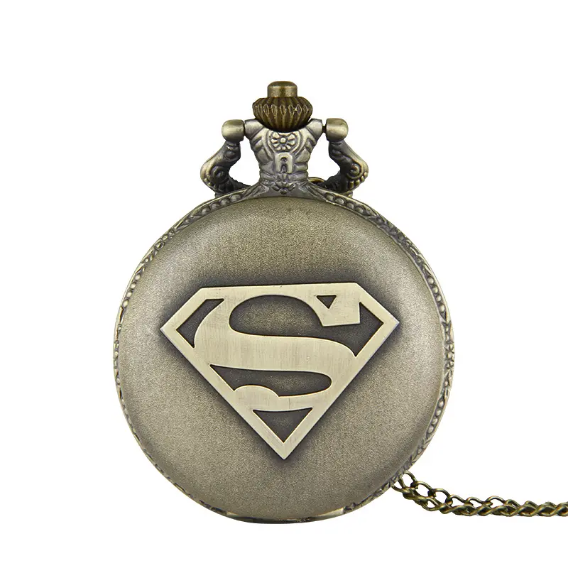 Superman Bronze Quartz Pocket Watch Pendant Necklace Mens Women Watches