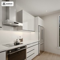 Ensemble de meubles de cuisine sur mesure, portes laquées brillantes minimalistes, design modulaire, aménagement en îlot et tiroirs à fermeture douce