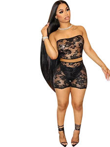 Encaje Sexy <span class=keywords><strong>Coquette</strong></span> Playsuits Conjunto de 2 piezas Mujeres Sin mangas Ver a través de monos Señoras Mamelucos Night Club Shorts Set para mujeres - Product Image 4