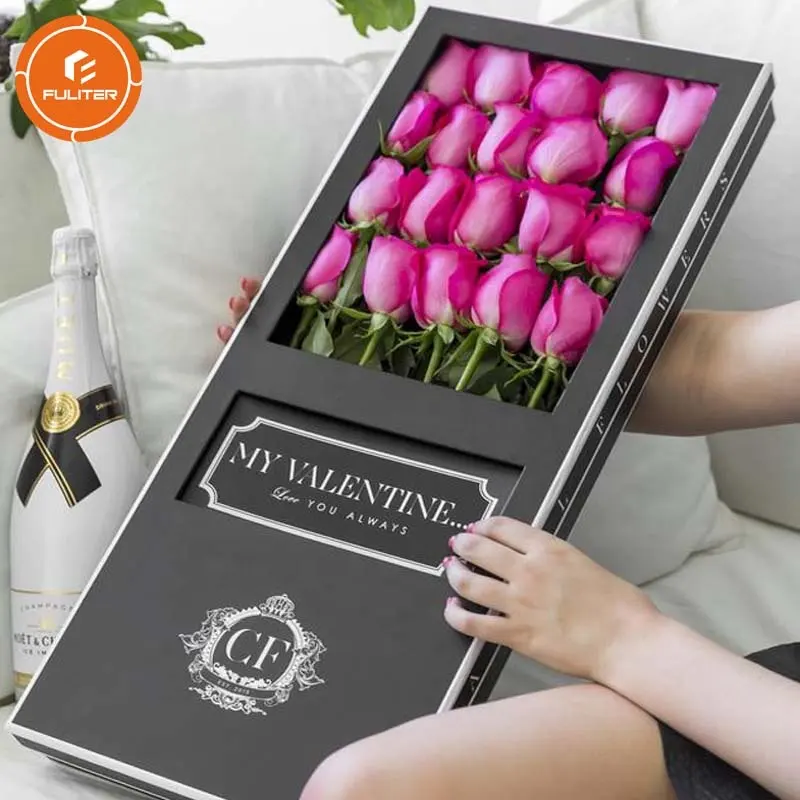 खिड़की के साथ अनुकूलित लक्जरी लंबे समय से स्टेम गुलाब फूल गत्ता बॉक्स वेलेंटाइन कागज फूल गुलदस्ता पैकेजिंग बॉक्स