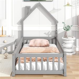 <span class=keywords><strong>Lit</strong></span> double en bois en forme de maison avec clôture pour enfant Addreen, avec tête de <span class=keywords><strong>lit</strong></span> cheminée, mobilier de chambre gris écologique pour enfants - Product Image 2