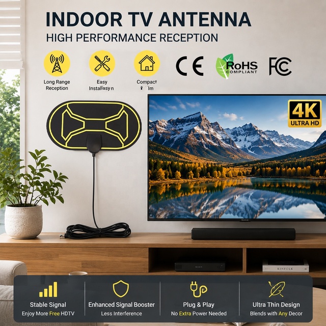 Lanyi Digital TV Receiving Antenna 4K Ultra-thin Ultra-light Indoor Signal Booster Wall Mount CE Certified for Home Hotel Use