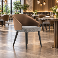 Fauteuil de salle à manger en cuir marron, dossier tonneau, assise en tissu gris, pieds métalliques coniques noirs, pour restaurant, usage commercial, personnalisable, OEM Chine