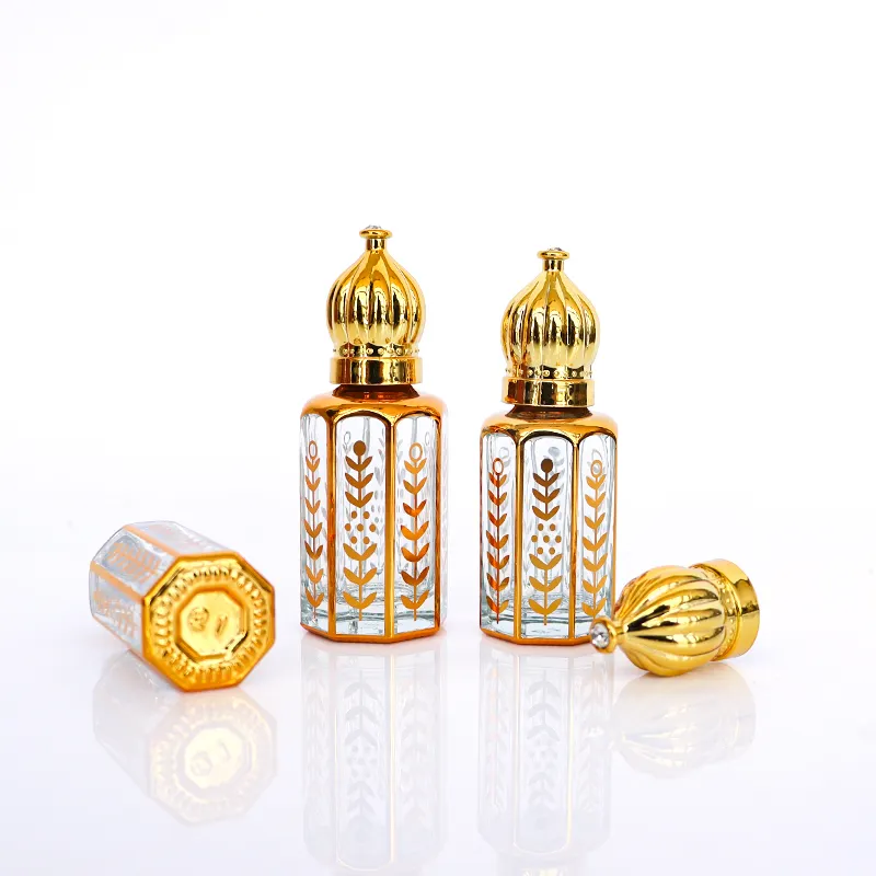 Top Mini tùy chỉnh Vàng logo 6ml 9ml 12ml in kính attar dầu nước hoa bát giác chai với cuộn trên thanh cho Oud dầu