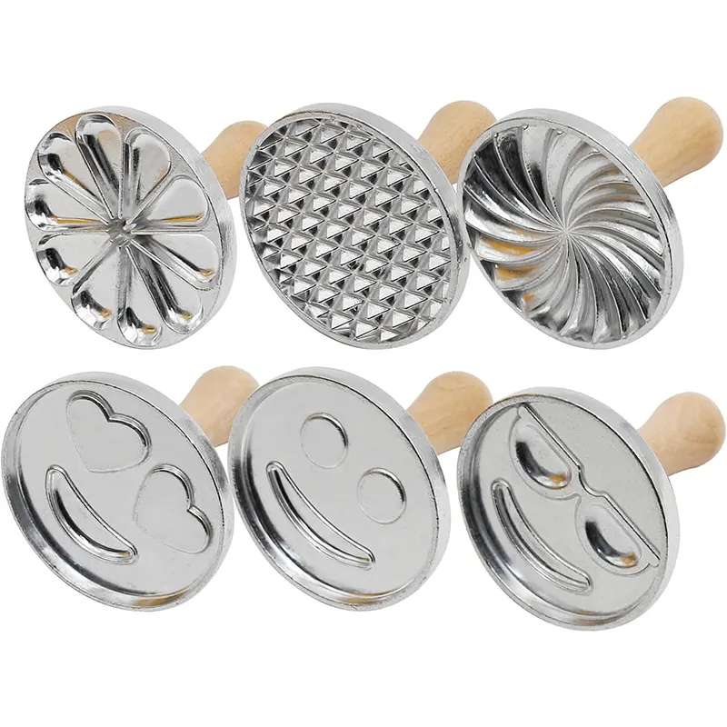 6 pièces rond en aluminium Biscuit Fondant Cookie Press Stamp moule, Cookie Fondant Embosser Stamper avec emporte-pièce