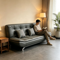 Canapé-lit carré inclinable en cuir motif patte de chat, pieds robustes, coussins en éponge à carreaux pour appartement, hôtel, salon