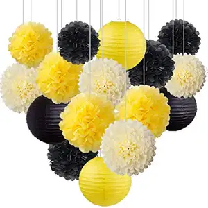 Set of 16 Black Yellow Bee Party Decoration Hanging Paper Lanterns Paper Pompoms for Bee BabyShower Gender Reveal Birthday Party