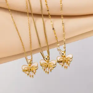 XL24017 Unique Stainless Steel Crystal Bow Necklace for Women Fashion Elegant Bowknot Pendant Fine Jewelry Necklace