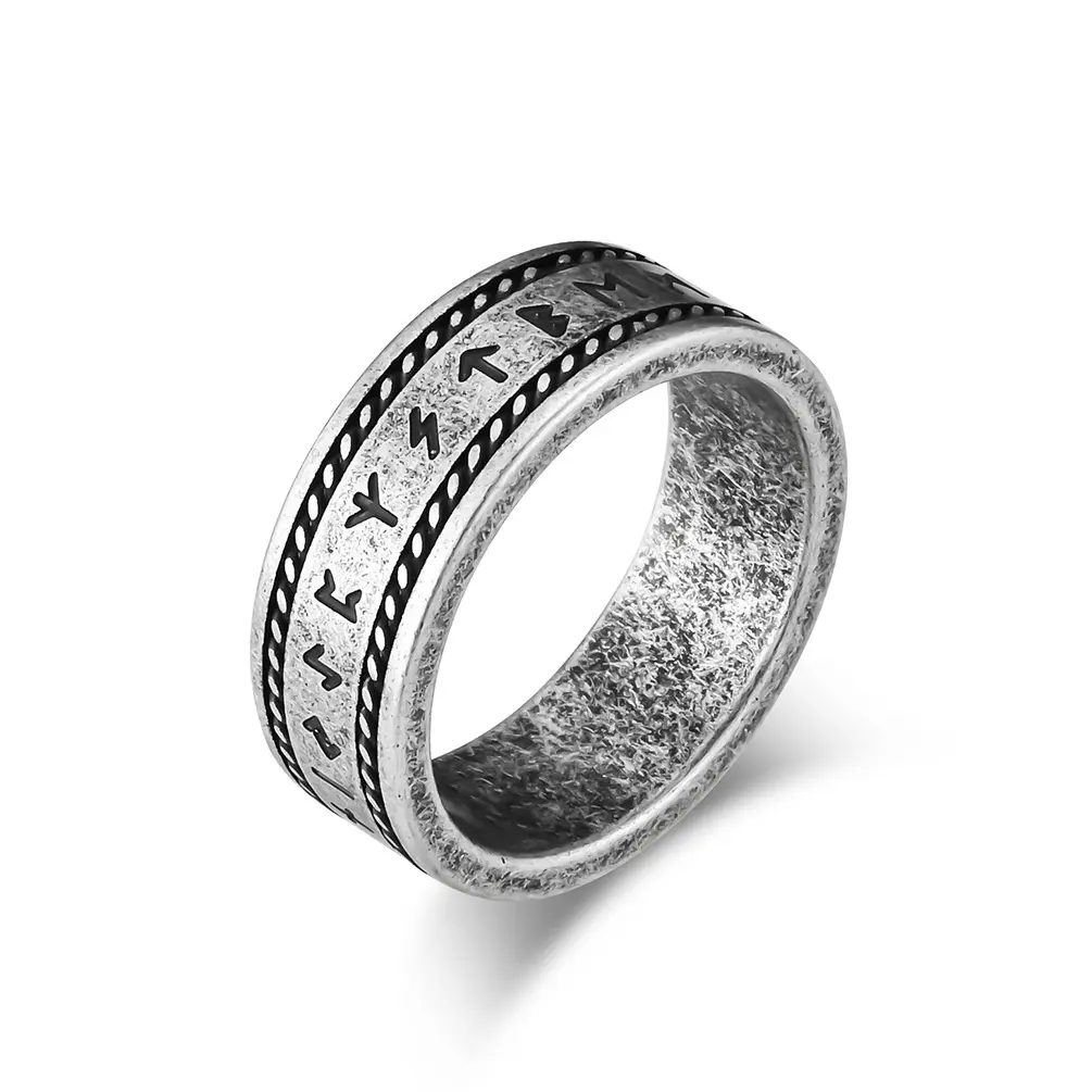 Bagues En Acier Inoxydable Double Steel Wire Rope Inlay Viking Text Ring Antique Silver Plated Titanium Steel Rings for Men