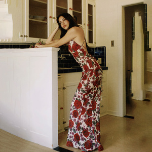 Robe de soirée à col en V, dos nu, imprimé floral, coupe ajustée, longue, pour mariage - Product Image 3