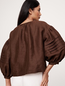 Camicetta da <span class=keywords><strong>donna</strong></span> in lino estivo OEM da <span class=keywords><strong>donna</strong></span> con scollo a V oversize Top in lino <span class=keywords><strong>marrone</strong></span> - Product Image 2