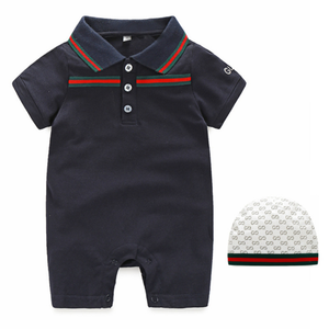 Polo da bambino 100% tutina in cotone pagliaccetto per bambini Set da <span class=keywords><strong>2</strong></span> pezzi con cappello con collo a costola e ricamo ape servizio estivo OEM - Product Image 3