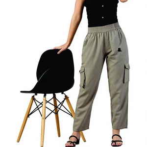 Women's Solid Color Canvas Cargo Pants Elastic Waist Loose Fit <b>Ankle</b>-Length Casual Summer Style With Pockets Right Leg Logo - Product Image 1