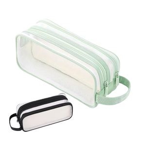 Bolsa de lápices de mano transparente al por mayor bolsa de papelería de gran capacidad bolsa de maquillaje con cremallera de malla verde negra portátil - Product Image 1