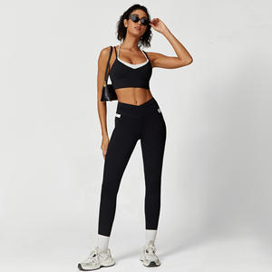 Leggings de sport à <span class=keywords><strong>dos</strong></span> contrasté, effet push-up, taille élastique extensible, <span class=keywords><strong>doux</strong></span>, 2 pièces, <span class=keywords><strong>pour</strong></span> femmes, ensemble de <span class=keywords><strong>yoga</strong></span> <span class=keywords><strong>pour</strong></span> la salle de sport - Product Image 4