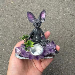 Support de bougie artisanal en résine avec améthyste et tranche d'agate, cristal égyptien mauve, pour la décoration intérieure et la lithothérapie - Product Image 1