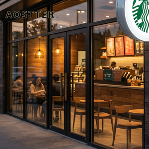 Porte battante commerciale en aluminium rouge vif AOSTTER avec panneau haute visibilité et <span class=keywords><strong>barre</strong></span> anti-panique durable pour vitrine <span class=keywords><strong>de</strong></span> magasin - Product Image 1