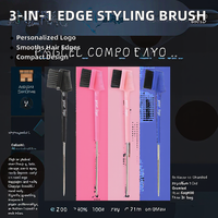 3 1 Brosse de contrôle des bords Logo personnalisé Compact Pintail Peigne à sourcils double face Outils de cheveux en nylon pour perruque à dentelle Bord de cheveux de bébé