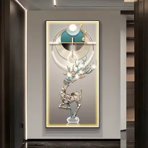 Modern luxury porch decoration LED lights deer animals light up led canvas painting prints glass crystal picture frames art