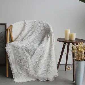Sofa cover pure color white cotton knitted bohemian throw with tassel macrame