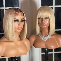 Perruques Bob en cheveux humains vierges vietnamiens, sans colle, ultra-lisses, double densité, coupe droite, avec closure en dentelle, pour femmes