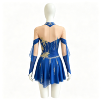 Robe de patinage artistique bleu roi pour enfants et adultes, épaules dénudées, manches en maille, strass dorés, motif floral, pour compétition et spectacle
