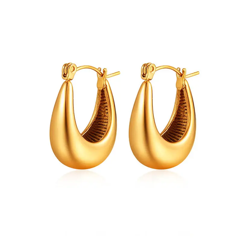 Minimalist Basic Stainless Steel 18k Gold Plated Boat Shape Hoop Earrings Women's Tarnish Free Hypoallergenic Gold Jewelry