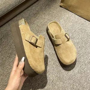 Fashion Winter Cow Suede Clogs Shoes Comfort Cork Platform Clog Adjustable Buckle Mules Women's Slippers