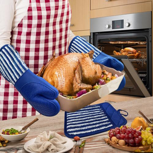 Gant de four rétro à rayures, anti-brûlure, en silicone avec rembourrage en coton, imprimé, pour la cuisine - Product Image 6