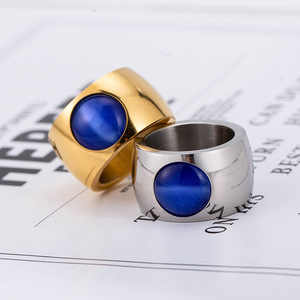 yunnique Men's Geometric <b>Titanium</b> Steel <b>Ring</b> With Blue Cat's Eye Effect Gold Plated Bezel Setting Jewelry Gift - Product Image 3