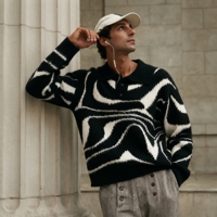 Farbverlaufiger Flauschiger Gestreifter Mohair ODM Pullover für Herren mit Kragen, Langen Ärmeln, Überschnittener Schulter, Gestrickt, Winter-Warm, Maßanfertigung