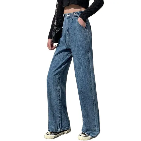 Autumn Winter High Waist Loose Straight Jeans Wide Leg Mop 100% Streetwear Cotton Women Pants