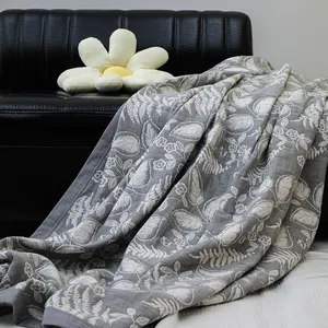 Wholesale Cheap Gray Leaves Floral Plush Luxury Cellular Blanket Throw For Bed All Season Cot Natural Large