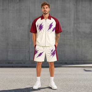 Ensemble de survêtement streetwear pour homme, manches courtes, fermeture éclair sur le devant, imprimé géométrique éclair, polyester respirant, tenue décontractée d'été - Product Image 4