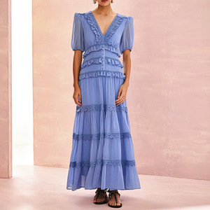 Temperament Elegance 2024 invierno nueva <span class=keywords><strong>moda</strong></span> <span class=keywords><strong>hongo</strong></span> decoración hoja de loto empalme encaje vestido largo para <span class=keywords><strong>mujer</strong></span> - Product Image 1