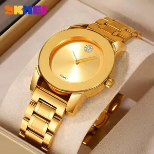 Skmei 2176 jam tangan wanita, Stainless Steel jam tangan emas hitam anti air Jam Quartz untuk perempuan