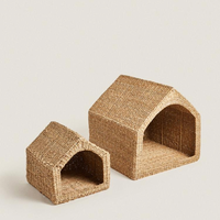 Set van 2 zeegras huisdierenverblijven, rieten honden- en kattenbed, binnenverblijf voor kleine dieren, natuurlijk geweven huisdierenmeubilair met kussen