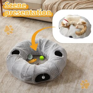 Cama Túnel para Gatos de Felpa Gris, Refugio Redondo Interactivo para Gatos con Almohada Extraíble, Túnel de Juego Plegable para Gatos de Combinación Libre - Product Image 6