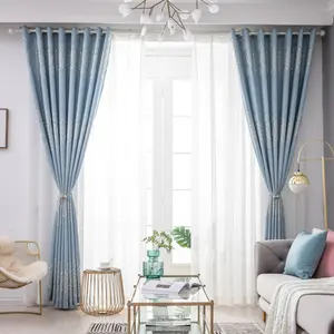 Living Room Blue China Floral Embroidered Bamboo Classic Mustard and Navy Blue Jacquard Curtains