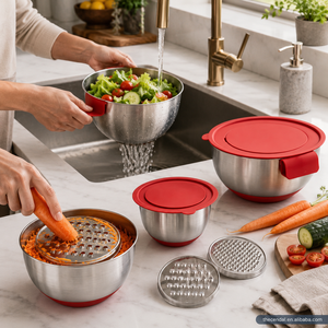Juego de Escurridor de Acero Inoxidable de 3 Piezas con Accesorios de Rallador, Rebanador, Desmenuzador, Colador, Tazón y Tapa de Plástico Roja Resistente al Óxido - Product Image 2