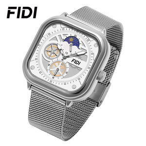FIDI – montre mécanique automatique pour hommes, boîtier carré argenté, bracelet en maille, phase solaire, cadran multi-squelette, résistante à l'eau, à la mode - Product Image 4