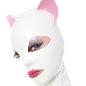 Masque en <span class=keywords><strong>latex</strong></span> gris <span class=keywords><strong>femme</strong></span> capuche en caoutchouc avec double queue de cheval noire, bouche menton dos ouvert fermeture éclair tenue de club accessoires de cosplay - Product Image 4