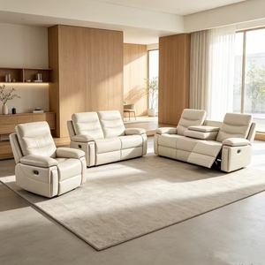 Juego de Sofás Reclinables Manuales de Lujo Moderno, 3+2+1 Plazas, Muebles de Sala de Estar de Cuero Genuino con Consola y Portavasos - Product Image 1
