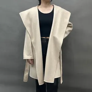 New Arrival Korea Wool Coat Long Trench Belted Cashmere Wool Long Coat For Women
