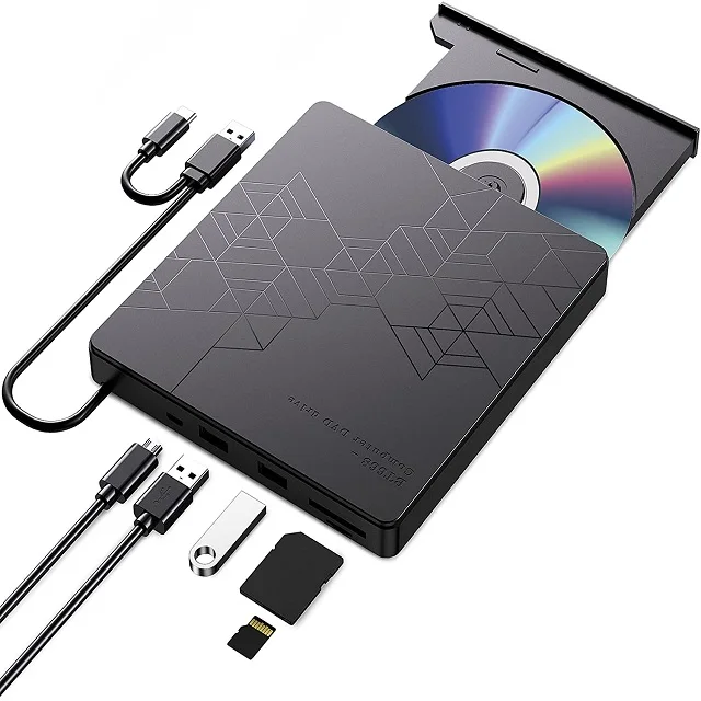 Grabador de DVD multifunción con concentrador para ordenador portátil, unidad externa de cd rom, DVD ROM, USB, tipo c, delgado, para Windows 11